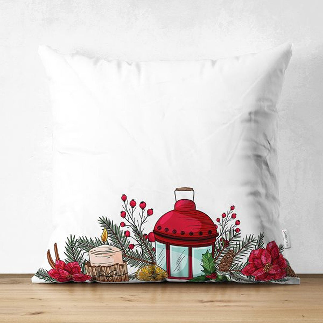 Winter Pillow Covers|Snowman and Rabbits Cushion|Red Poinsettia and Pine Cone Throw Pillowcase|Pine Tree Needles and Red Berries Pillow