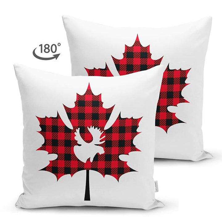 Christmas Pillow Cover|Black Red Checkered Xmas Deer and Leaf Cushion Case|Plaid Buckhorn Print Throw Pillowcase|Winter Trend Cushion