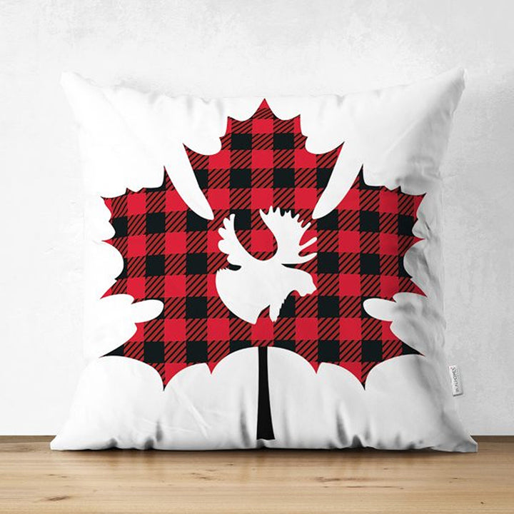 Christmas Pillow Cover|Black Red Checkered Xmas Deer and Leaf Cushion Case|Plaid Buckhorn Print Throw Pillowcase|Winter Trend Cushion