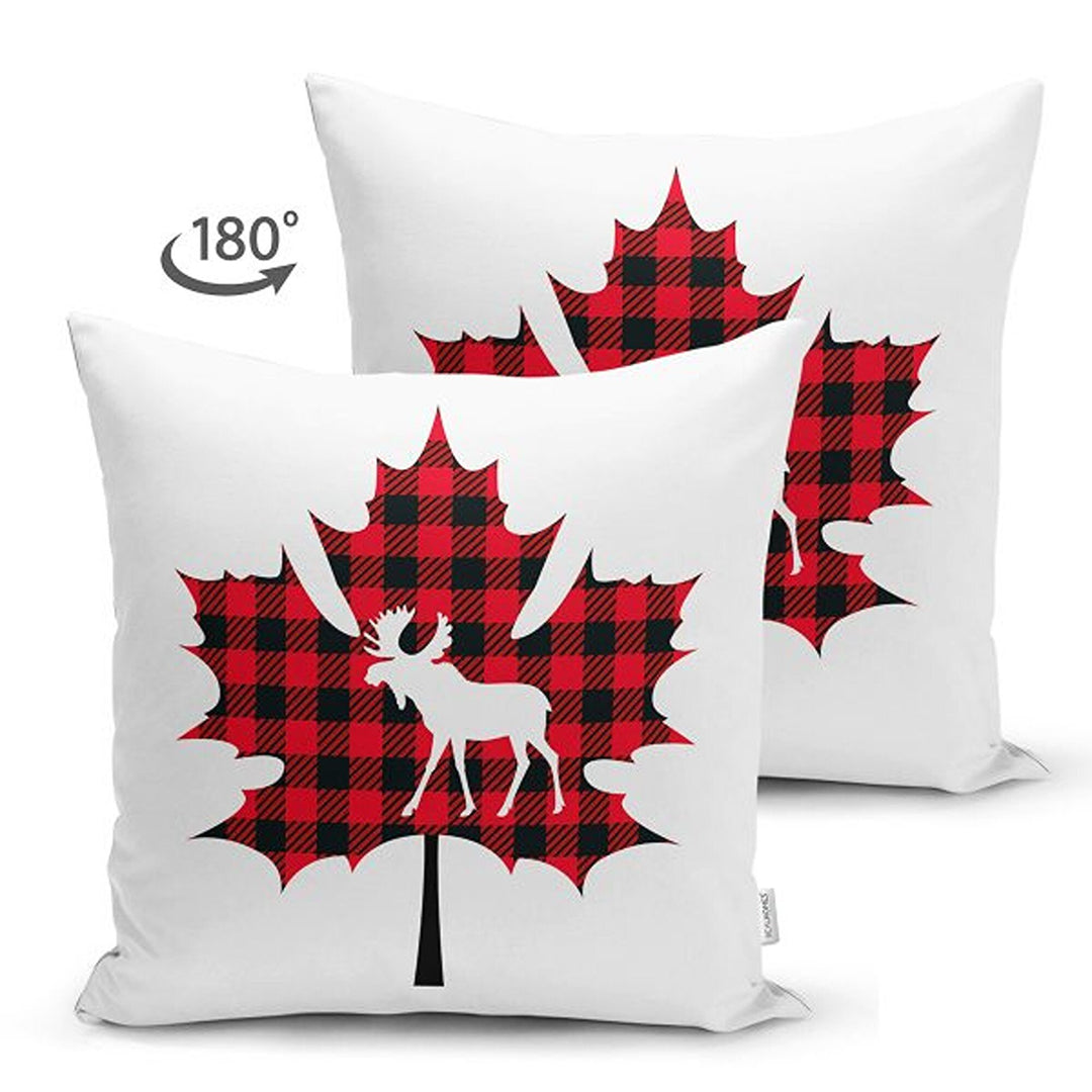 Christmas Pillow Cover|Black Red Checkered Xmas Deer and Leaf Cushion Case|Plaid Buckhorn Print Throw Pillowcase|Winter Trend Cushion