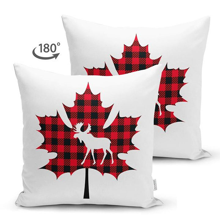 Christmas Pillow Cover|Black Red Checkered Xmas Deer and Leaf Cushion Case|Plaid Buckhorn Print Throw Pillowcase|Winter Trend Cushion