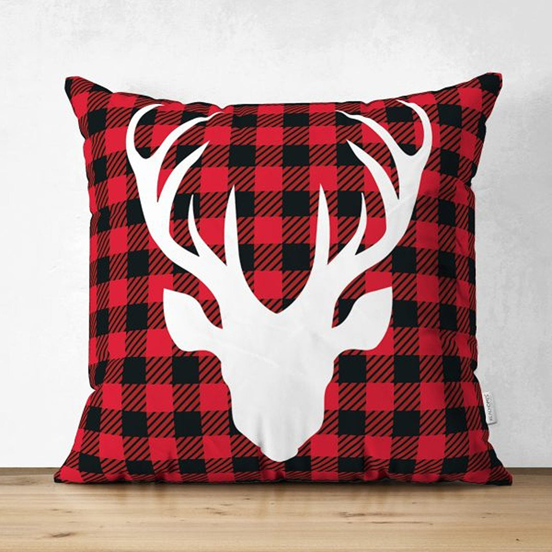 Christmas Pillow Cover|Black Red Checkered Xmas Deer and Leaf Cushion Case|Plaid Buckhorn Print Throw Pillowcase|Winter Trend Cushion