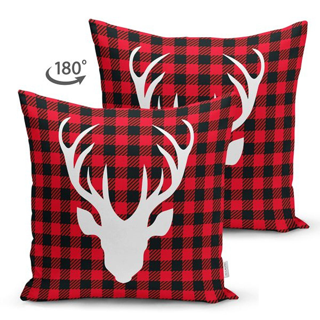 Christmas Pillow Cover|Black Red Checkered Xmas Deer and Leaf Cushion Case|Plaid Buckhorn Print Throw Pillowcase|Winter Trend Cushion