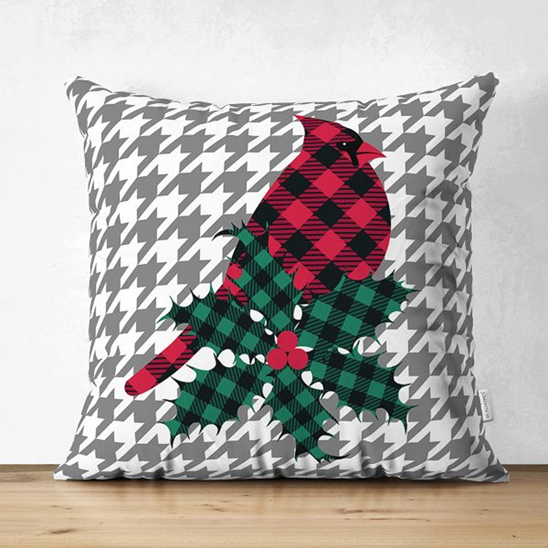 Winter Trend Pillow Covers|Red Cardinal Bird Print Cushion|Red Poinsettia and Green Leaves Throw Pillowcase|Gray White Checkered Xmas Pillow