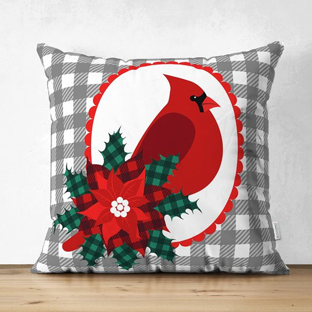 Winter Trend Pillow Covers|Red Cardinal Bird Print Cushion|Red Poinsettia and Green Leaves Throw Pillowcase|Gray White Checkered Xmas Pillow