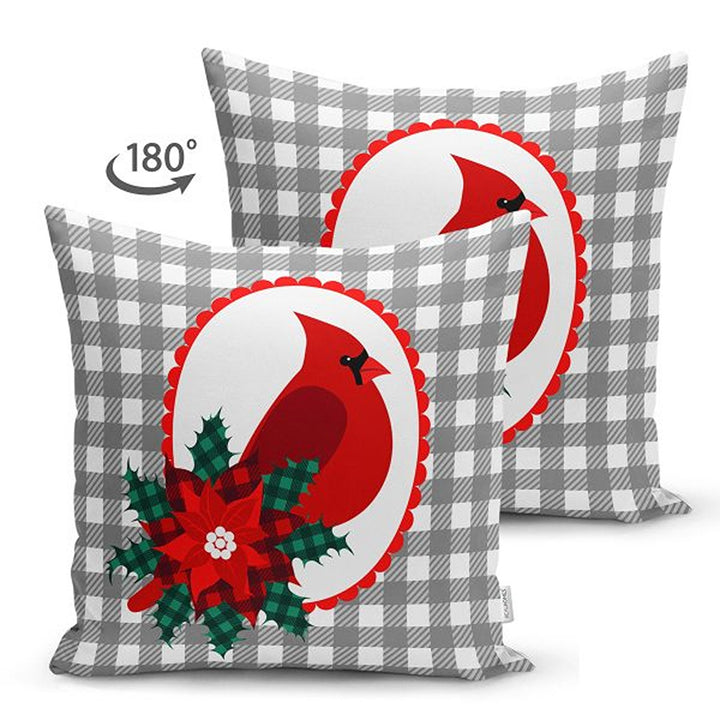 Winter Trend Pillow Covers|Red Cardinal Bird Print Cushion|Red Poinsettia and Green Leaves Throw Pillowcase|Gray White Checkered Xmas Pillow