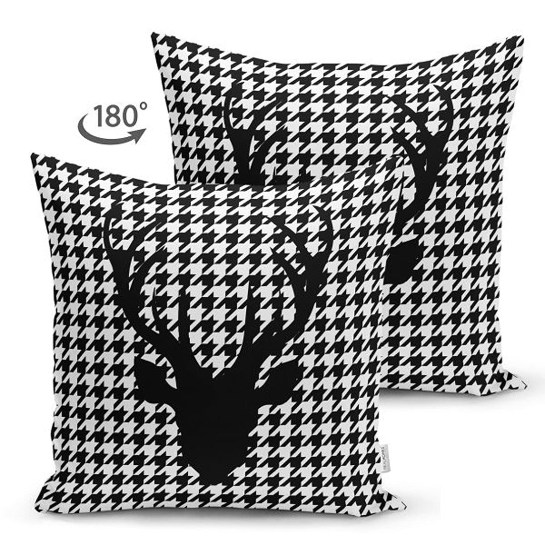 Christmas Pillow Cover|Black White Checkered Xmas Deer and Tree Cushion Case|Plaid Buckhorn Print Throw Pillowcase|Xmas Truck Winter Cushion