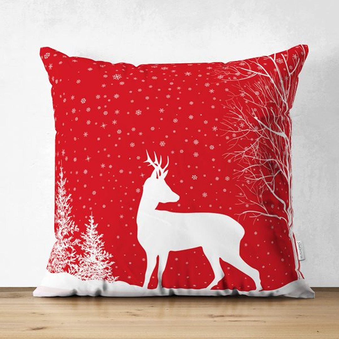 Christmas Pillow Cover|Red White Pine Tree and Xmas Deer Cushion Cover|Geometric Snowflake Throw Pillowcase|Snowflake Print Winter Cushion