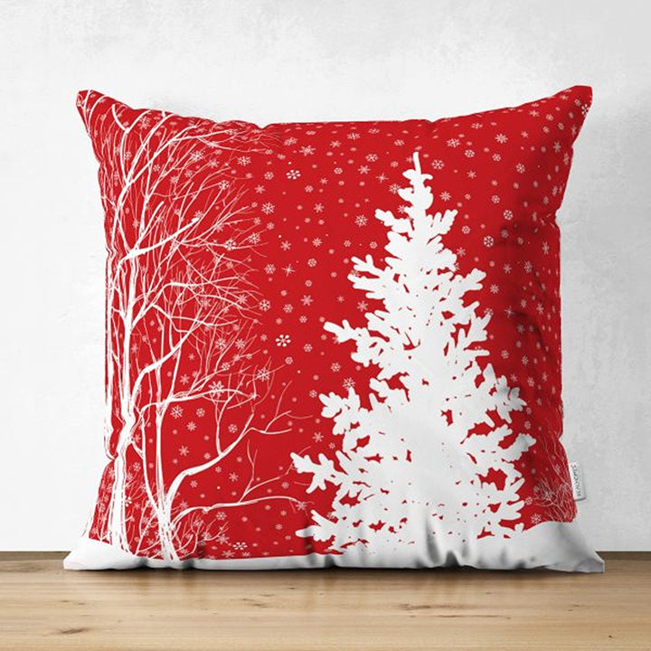 Christmas Pillow Cover|Red White Pine Tree and Xmas Deer Cushion Cover|Geometric Snowflake Throw Pillowcase|Snowflake Print Winter Cushion