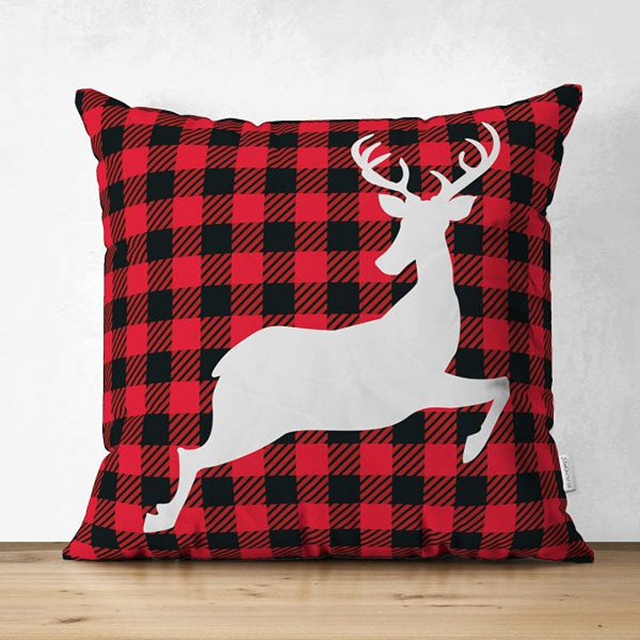 Christmas Pillow Cover|Buffalo Check Xmas Deer Cushion Cover|Pine Cone and Pine Tree Throw Pillowcase|Checkered Xmas Socks Winter Cushion