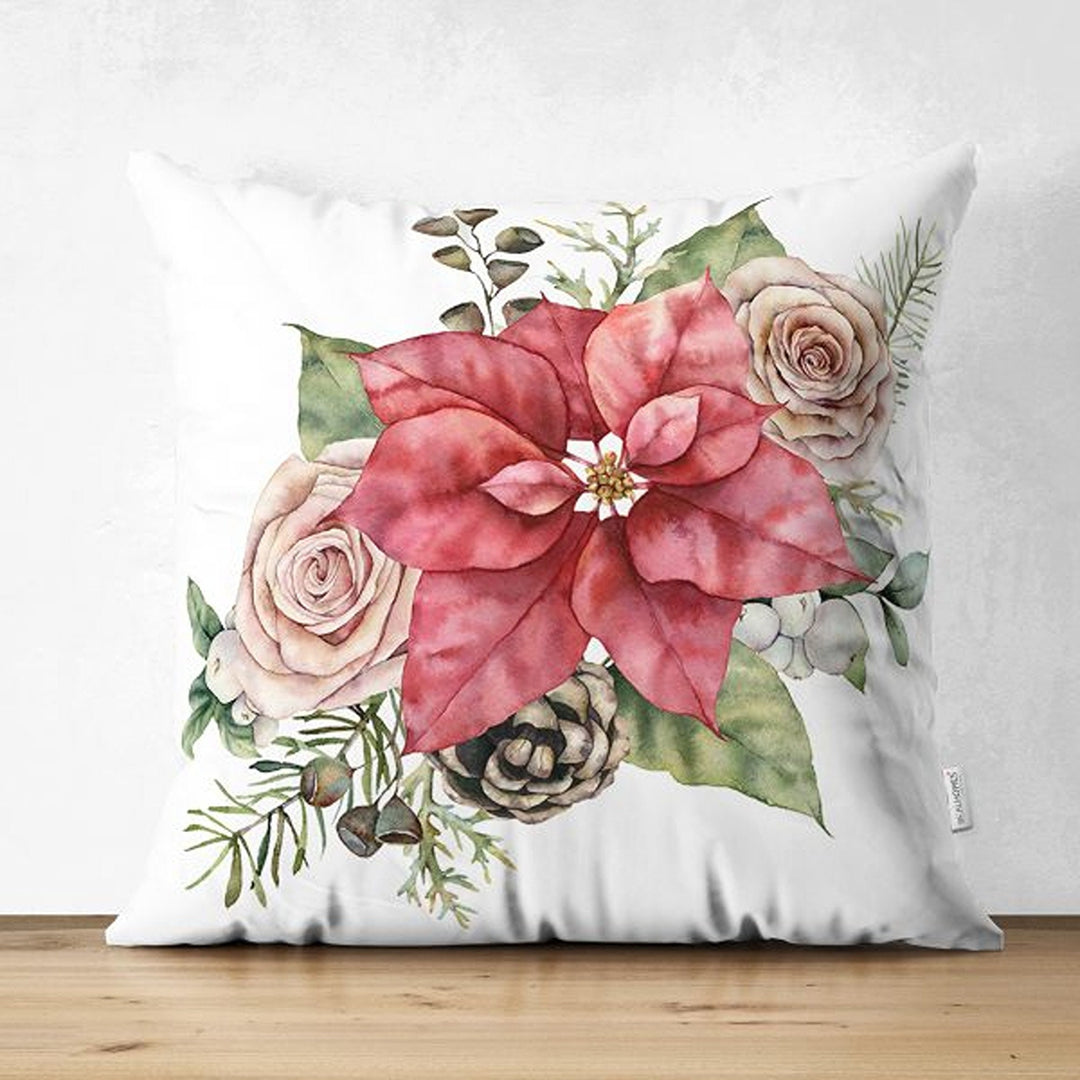 Winter Trend Pillow Covers|Red Poinsettia and White Rose Throw Pillowcase|Red Ribbon with Pine Cone and Pine Tree Needles Cushion|Xmas Decor