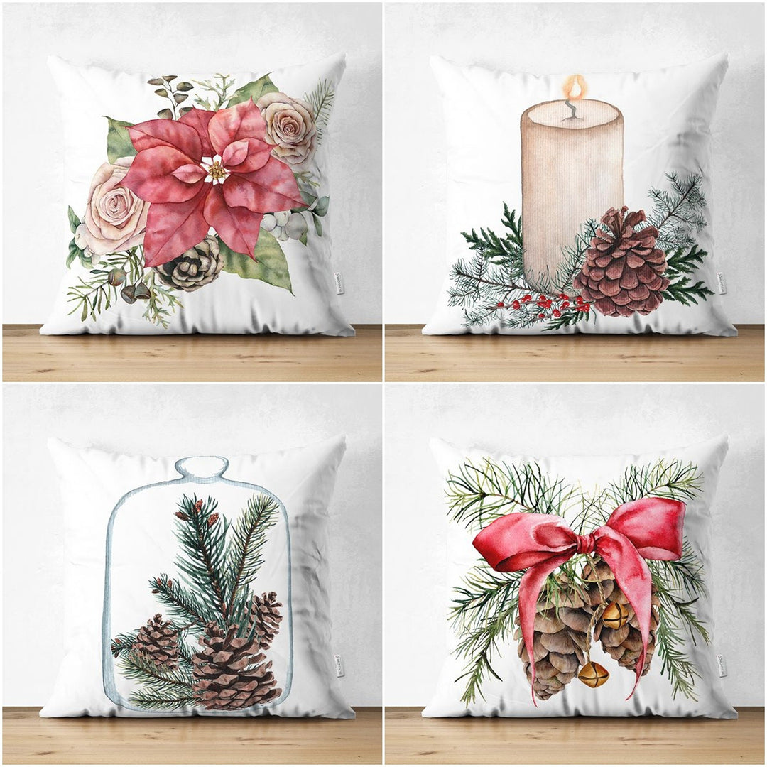 Winter Trend Pillow Covers|Red Poinsettia and White Rose Throw Pillowcase|Red Ribbon with Pine Cone and Pine Tree Needles Cushion|Xmas Decor