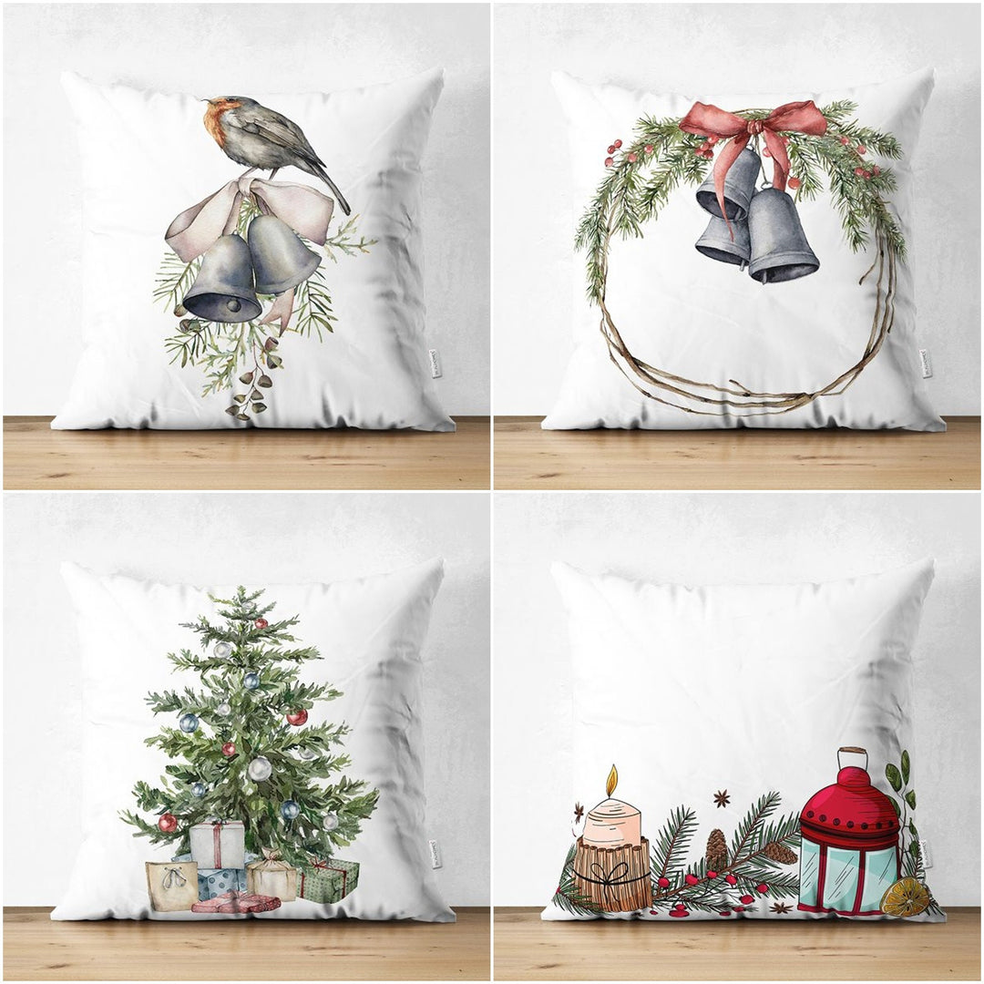 Christmas Pillow Cover|Xmas Bell with Bird Print Cushion Cover|Decorated Pine Tree Throw Pillowcase|Xmas Lantern and Candle Winter Cushion