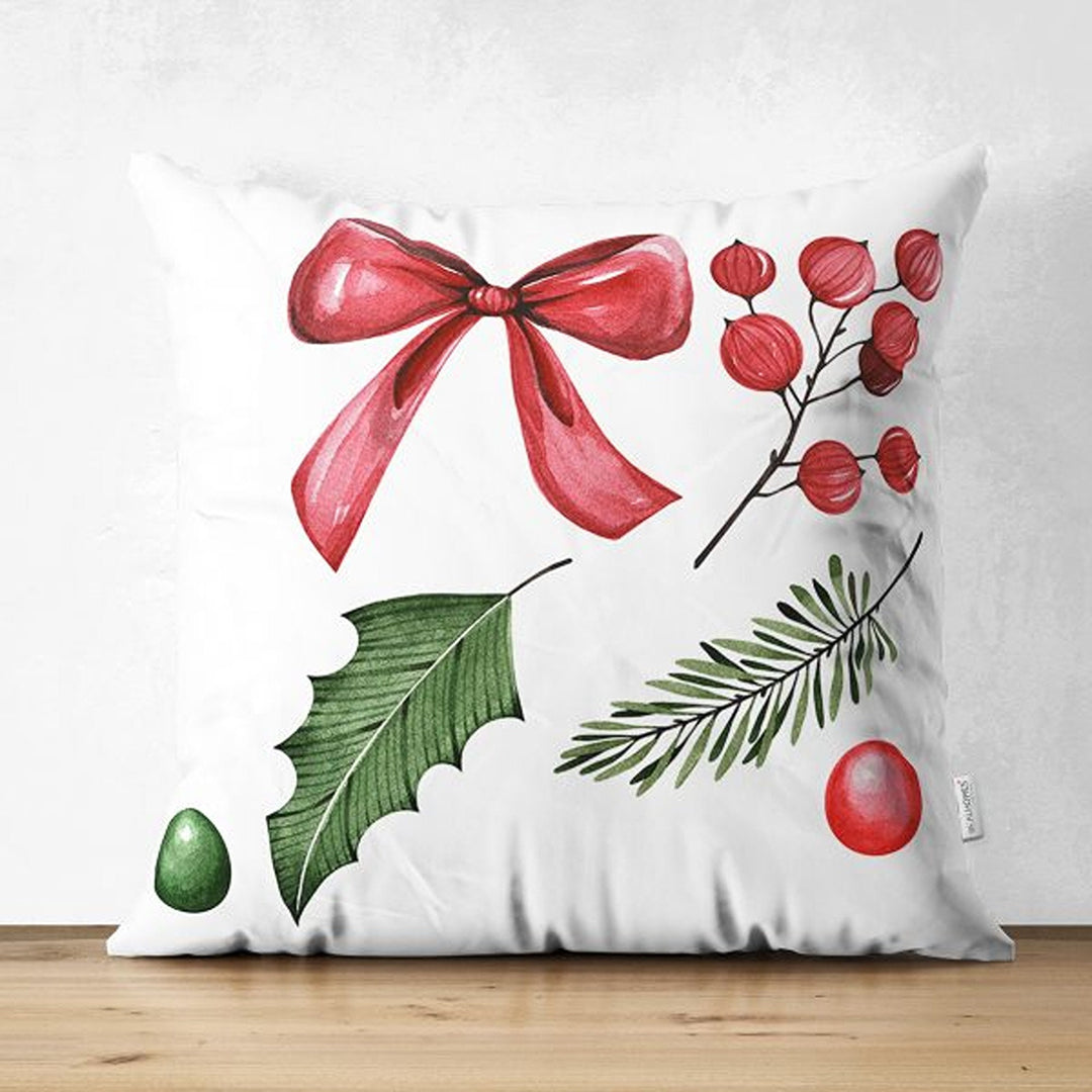 Winter Trend Pillow Covers|Red Ribbon with Berry Print Cushion|Red Poinsettia and Green Leaves Throw Pillowcase|Xmas Bell and Stocking Decor