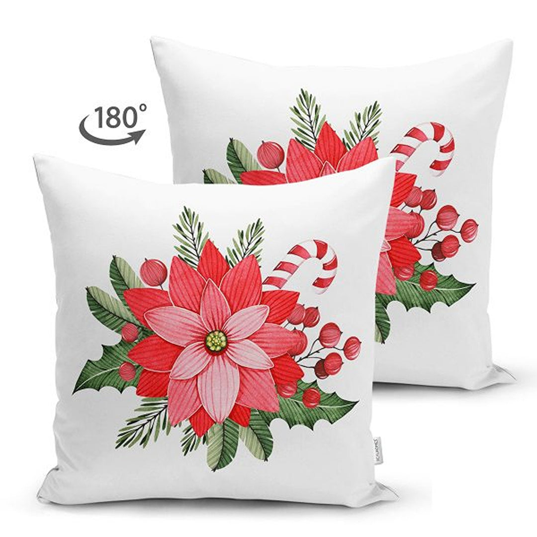 Winter Trend Pillow Covers|Red Ribbon with Berry Print Cushion|Red Poinsettia and Green Leaves Throw Pillowcase|Xmas Bell and Stocking Decor