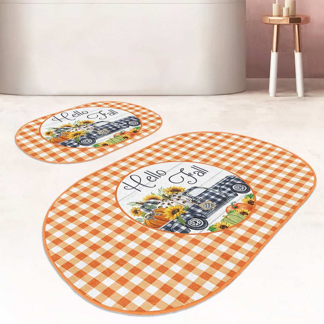 Set of 2 Hello Fall Bath Mat|Non-Slip Bathroom Decor|Autumn Bath Rug|Plaid Pumpkin Kitchen Floor Mat|Oval Shower and Home Entrance Carpet