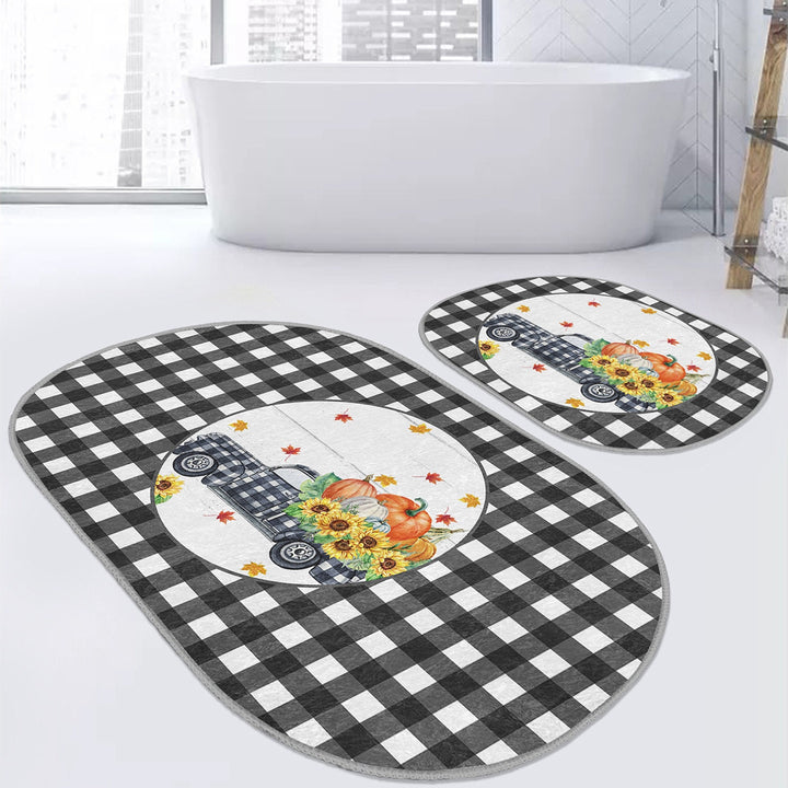 Set of 2 Thanksgiving Bath Mat|Non-Slip Bathroom Decor|Autumn Bath Rug|Fall Trend Pumpkin Kitchen Mat|Oval Shower and Home Entrance Carpet