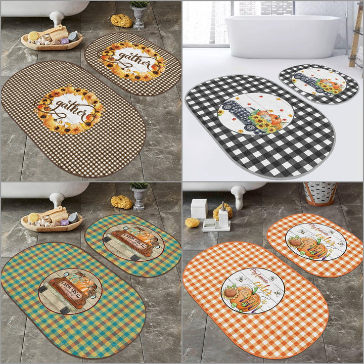 Set of 2 Thanksgiving Bath Mat|Non-Slip Bathroom Decor|Autumn Bath Rug|Fall Trend Pumpkin Kitchen Mat|Oval Shower and Home Entrance Carpet