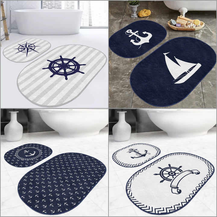 Set of 2 Nautical Bath Mat|Non-Slip Bathroom Decor|Anchor Bath Rug|Navy Marine Kitchen Floor Mat|Oval Coastal Shower Home Entrance Carpet