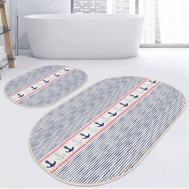 Set of 2 Nautical Bath Mat|Non-Slip Bathroom Decor|Anchor Bath Rug|Sailor Rope Kitchen Floor Mat|Oval Coastal Shower Home Entrance Carpet