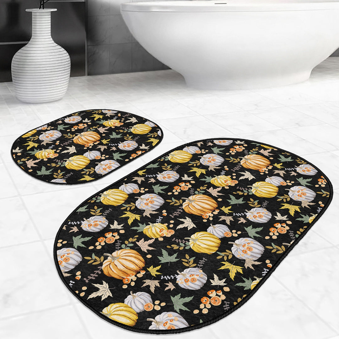 Set of 2 Fall Trend Bath Mat|Non-Slip Bathroom Decor|Autumn Bath Rug|Floral Pumpkin Kitchen Floor Mat|Oval Shower, Home Entrance Carpet