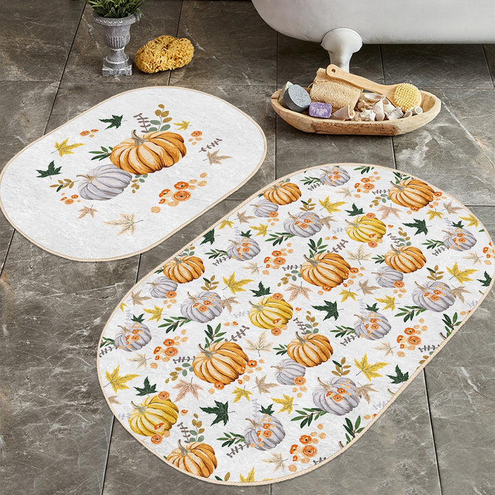 Set of 2 Fall Trend Bath Mat|Non-Slip Bathroom Decor|Autumn Bath Rug|Floral Pumpkin Kitchen Floor Mat|Oval Shower, Home Entrance Carpet