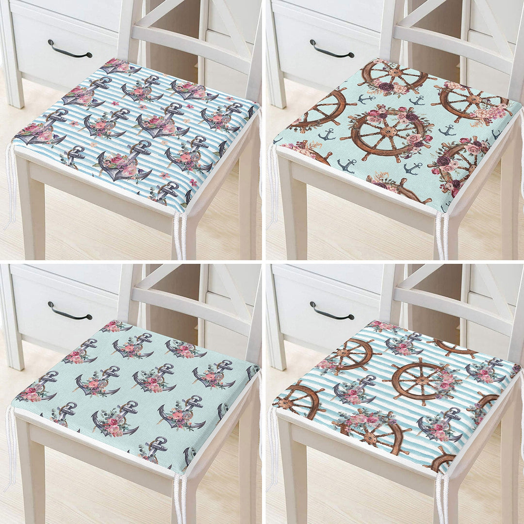 Set of 4 Nautical Chair Cushion|Floral Anchor Wheel Print Seat Pad with Zip and Ties|Beach House Chair Pad Set|Coastal Outdoor Seat Cushion