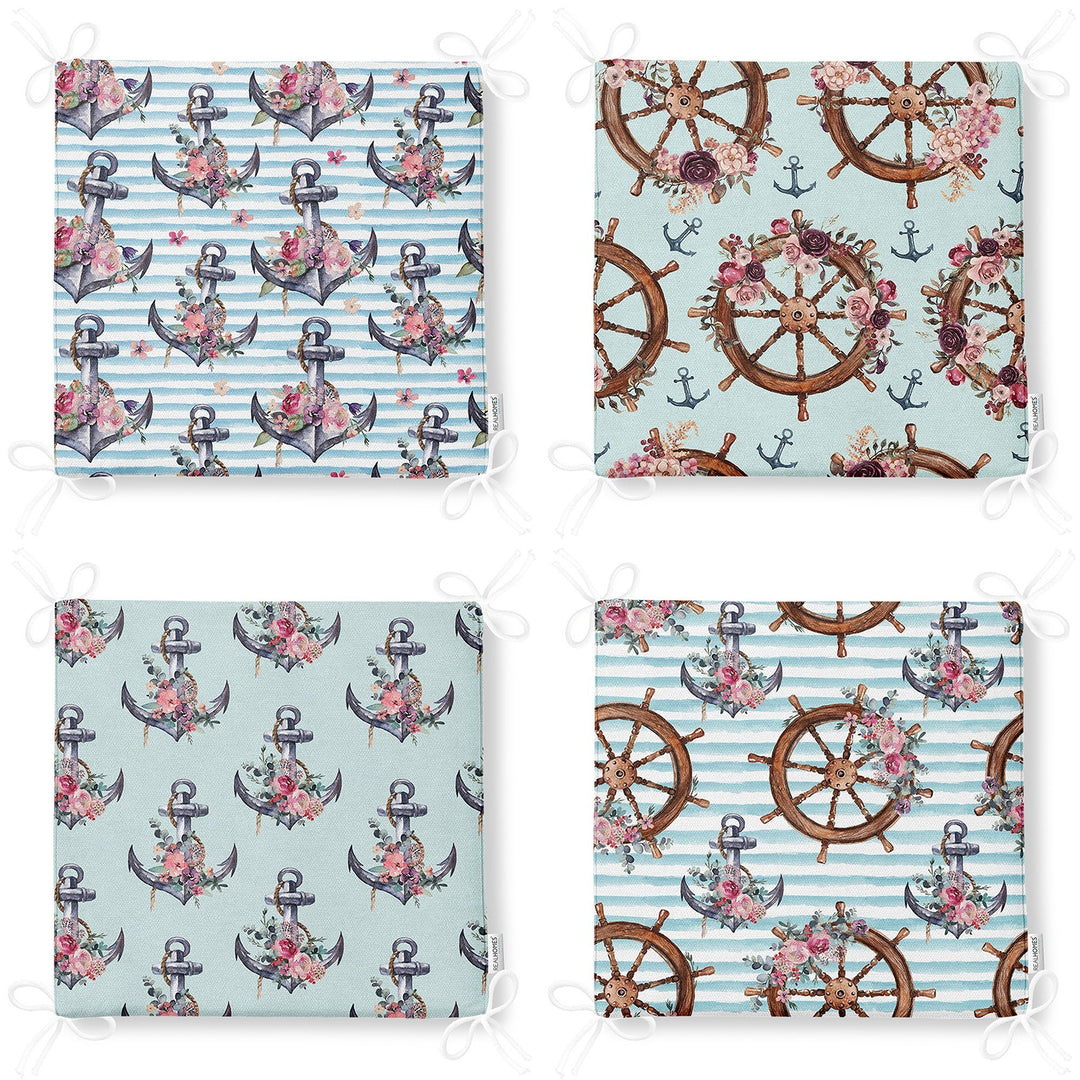 Set of 4 Nautical Chair Cushion|Floral Anchor Wheel Print Seat Pad with Zip and Ties|Beach House Chair Pad Set|Coastal Outdoor Seat Cushion