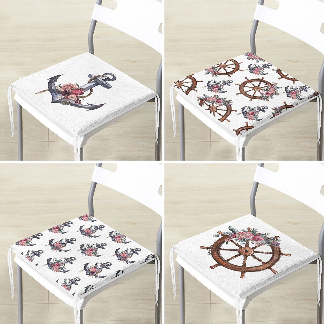 Set of 4 Nautical Chair Cushion|Floral Anchor Wheel Print Seat Pad with Zip and Ties|Beach House Chair Pad Set|Coastal Outdoor Seat Cushion