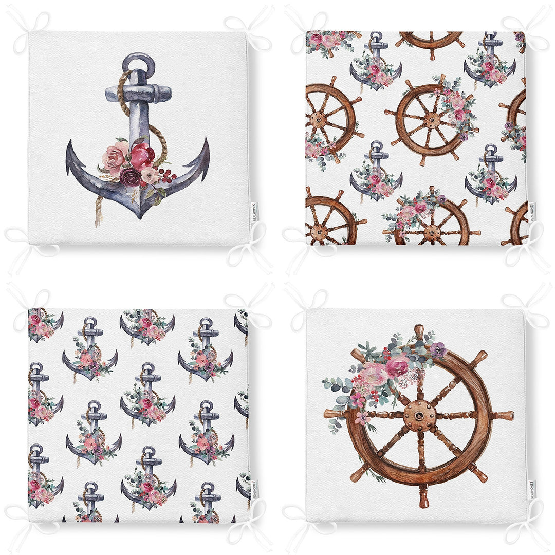 Set of 4 Nautical Chair Cushion|Floral Anchor Wheel Print Seat Pad with Zip and Ties|Beach House Chair Pad Set|Coastal Outdoor Seat Cushion