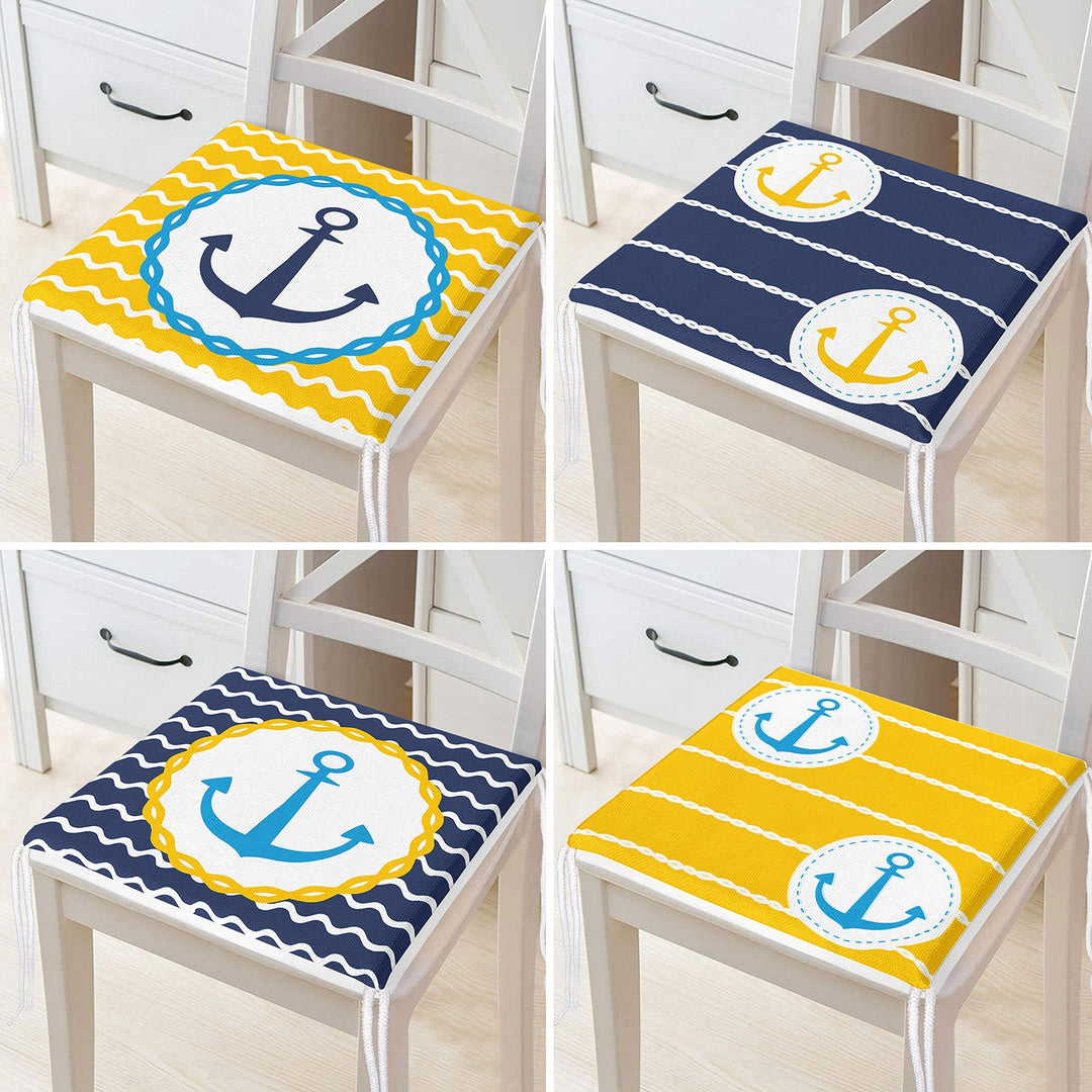 Set of 4 Nautical Chair Cushion|Blue Yellow Anchor Print Seat Pad with Zip and Ties|Beach House Chair Pad Set|Coastal Outdoor Seat Cushion