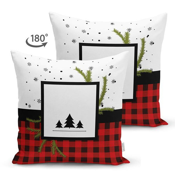 Christmas Pillow Cover|Black Red Checkered Xmas Deer and Leaves Cushion Case|Plaid Buckhorn Print Throw Pillowcase|Merry Xmas Cushion Case