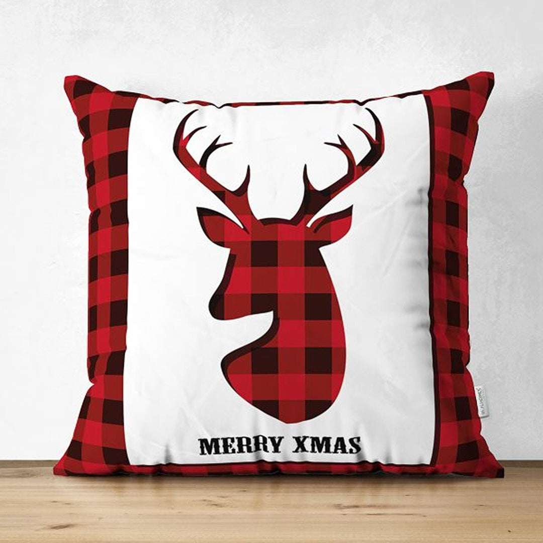 Christmas Pillow Cover|Black Red Checkered Xmas Deer and Leaves Cushion Case|Plaid Buckhorn Print Throw Pillowcase|Merry Xmas Cushion Case