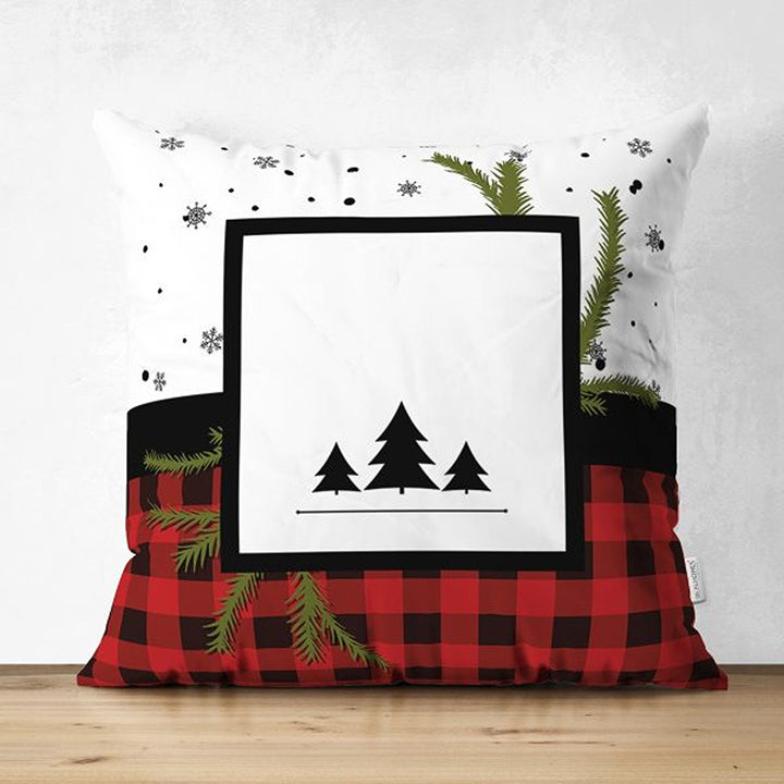 Christmas Pillow Cover|Black Red Checkered Xmas Deer and Leaves Cushion Case|Plaid Buckhorn Print Throw Pillowcase|Merry Xmas Cushion Case