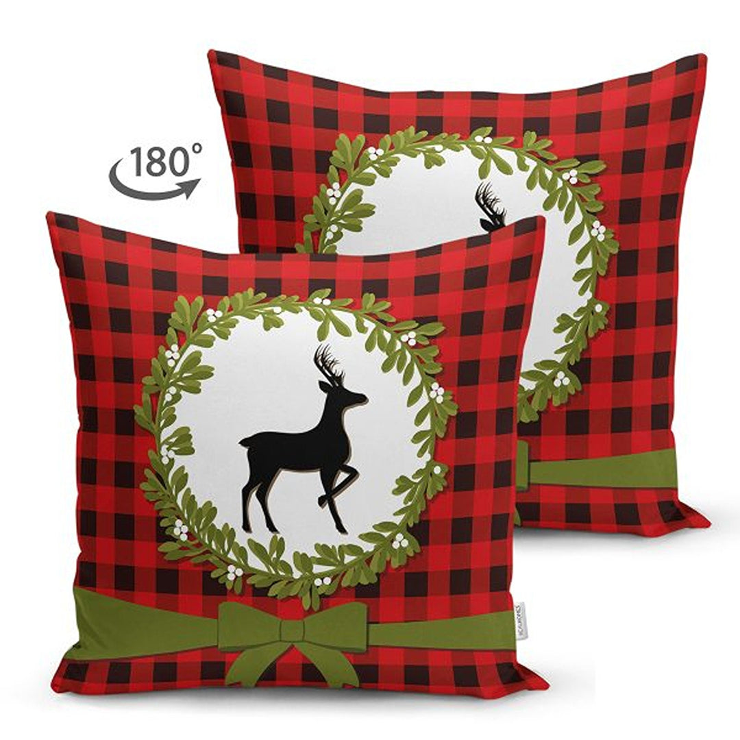 Christmas Pillow Cover|Black Red Checkered Xmas Deer and Leaves Cushion Case|Plaid Buckhorn Print Throw Pillowcase|Merry Xmas Cushion Case