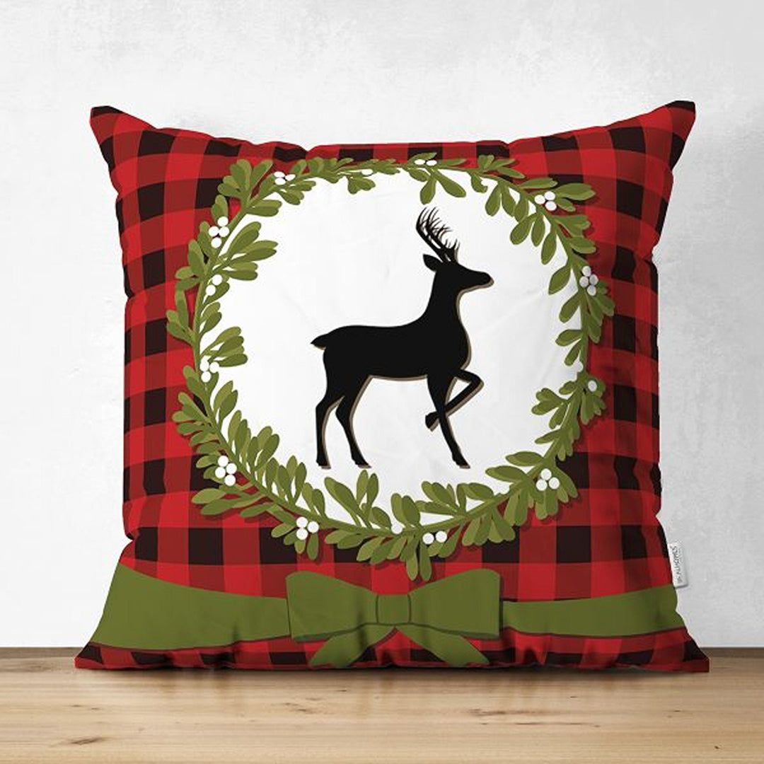 Christmas Pillow Cover|Black Red Checkered Xmas Deer and Leaves Cushion Case|Plaid Buckhorn Print Throw Pillowcase|Merry Xmas Cushion Case