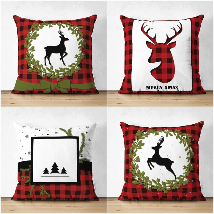 Christmas Pillow Cover|Black Red Checkered Xmas Deer and Leaves Cushion Case|Plaid Buckhorn Print Throw Pillowcase|Merry Xmas Cushion Case