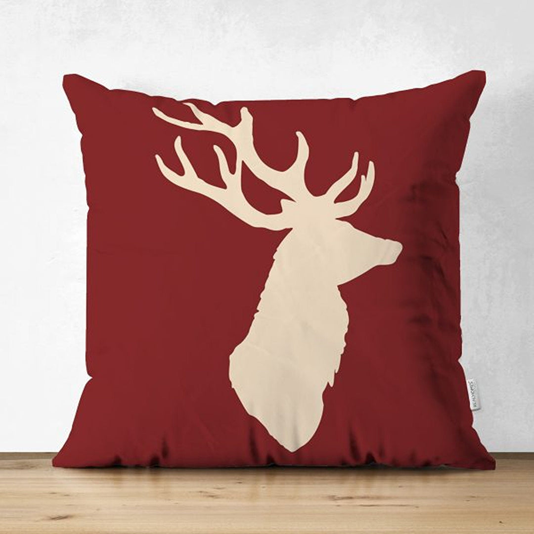 Christmas Pillow Cover|Xmas Deer Head Print Cushion Case|Solid Color Buckhorn Themed Throw Pillowcase|Winter Trend Housewarming Cushion Case