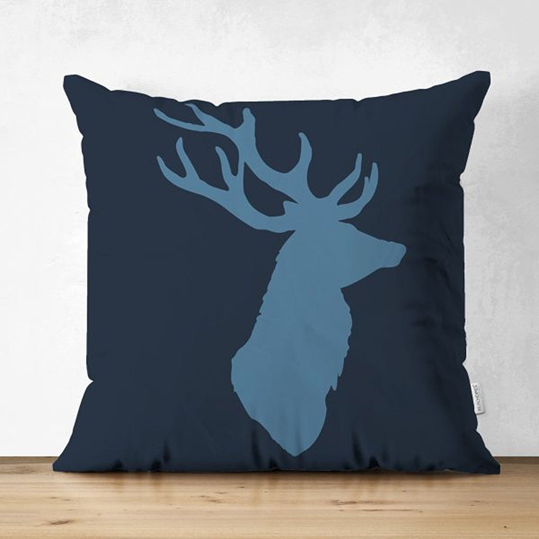 Christmas Pillow Cover|Xmas Deer Head Print Cushion Case|Solid Color Buckhorn Themed Throw Pillowcase|Winter Trend Housewarming Cushion Case