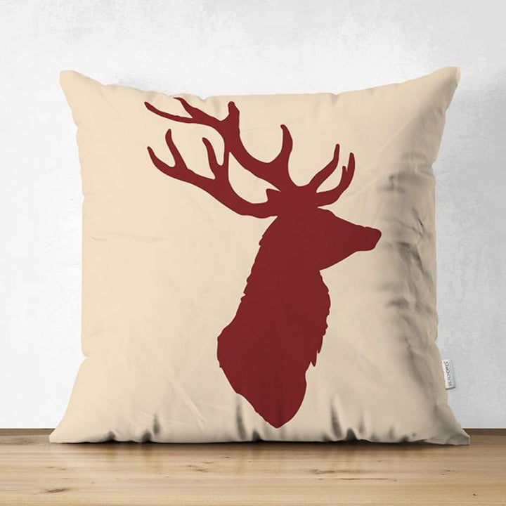 Christmas Pillow Cover|Xmas Deer Head Print Cushion Case|Solid Color Buckhorn Themed Throw Pillowcase|Winter Trend Housewarming Cushion Case