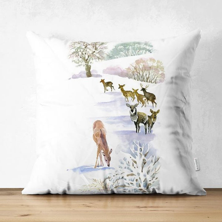 Winter Trend Pillow Cover|House under Snow Cushion Case|Pine Tree and Deer Pillowcase| Christmas Throw Pillowcase|Housewarming Sofa Decor