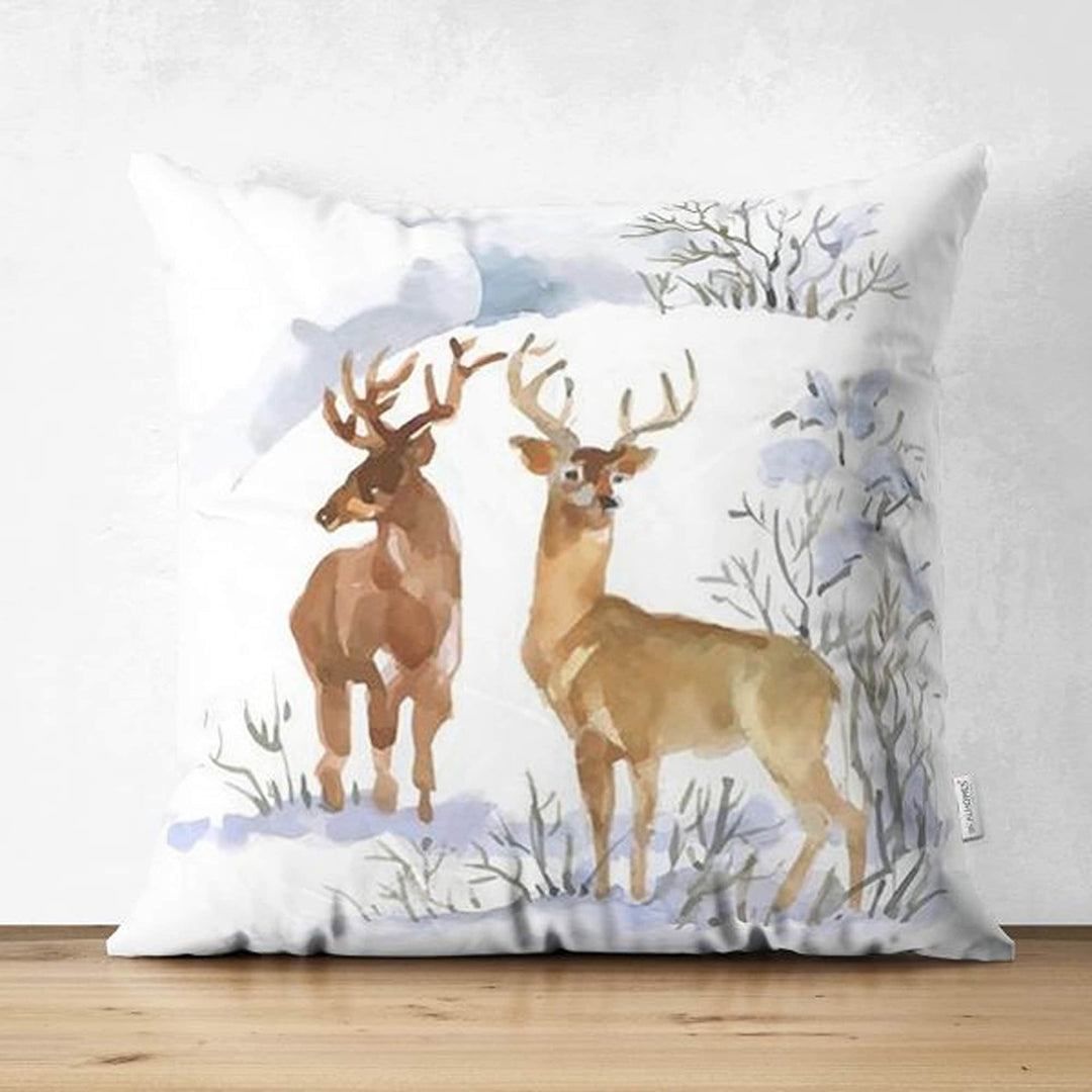 Winter Trend Pillow Cover|House under Snow Cushion Case|Pine Tree and Deer Pillowcase| Christmas Throw Pillowcase|Housewarming Sofa Decor