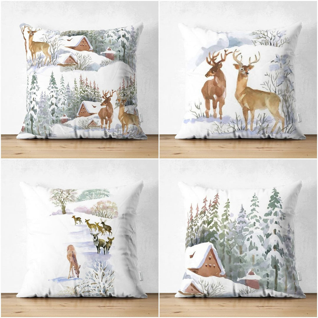 Winter Trend Pillow Cover|House under Snow Cushion Case|Pine Tree and Deer Pillowcase| Christmas Throw Pillowcase|Housewarming Sofa Decor