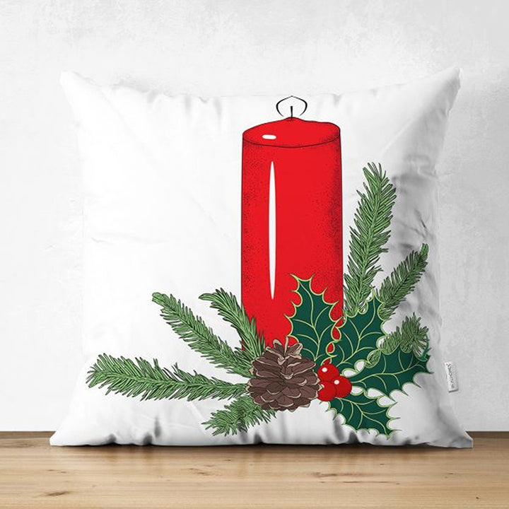 Christmas Pillow Cover|Xmas Candle and Pine Cone Cushion Case|Red White Green Themed Xmas Throw Pillowcase|Winter Trend Housewarming Cushion