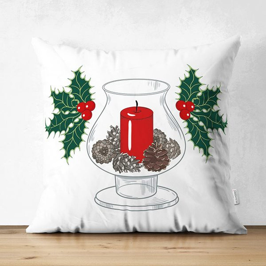 Christmas Pillow Cover|Xmas Candle and Pine Cone Cushion Case|Red White Green Themed Xmas Throw Pillowcase|Winter Trend Housewarming Cushion