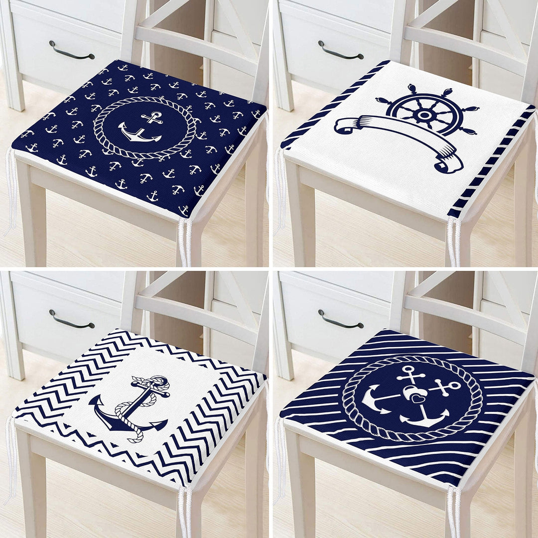 Set of 4 Nautical Chair Cushion|Navy Blue Anchor Wheel Seat Pad with Zip and Ties|Beach House Chair Pad Set|Coastal Outdoor Seat Cushion