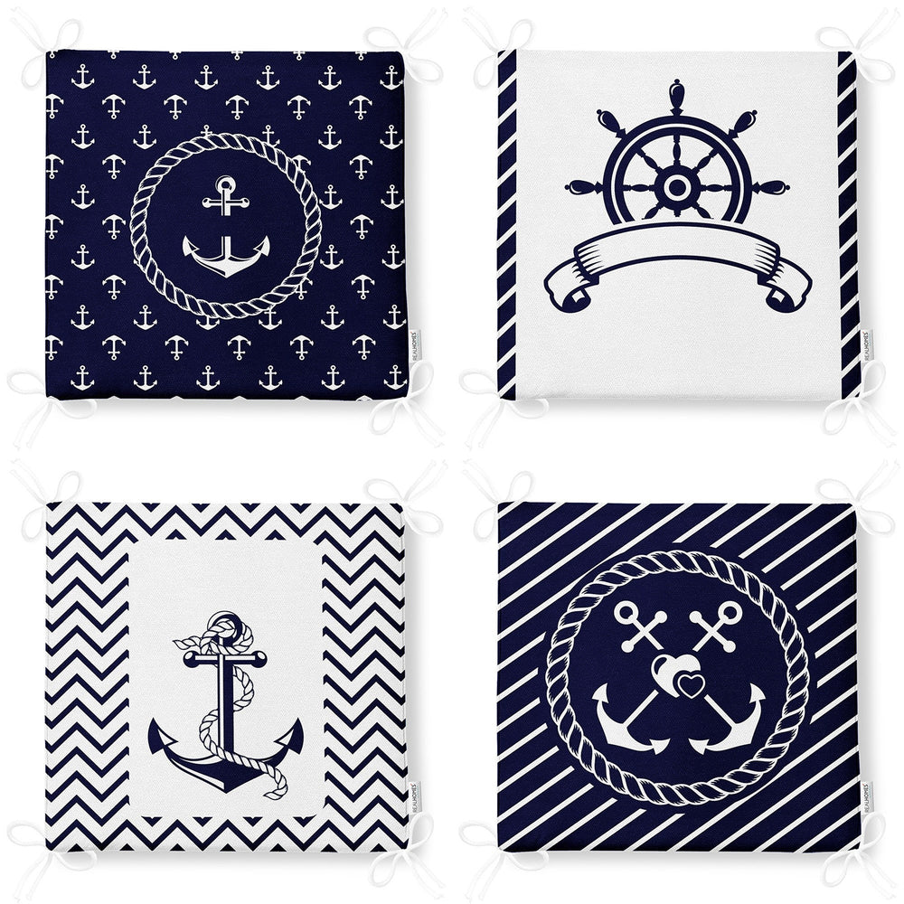 Set of 4 Nautical Chair Cushion|Navy Blue Anchor Wheel Seat Pad with Zip and Ties|Beach House Chair Pad Set|Coastal Outdoor Seat Cushion