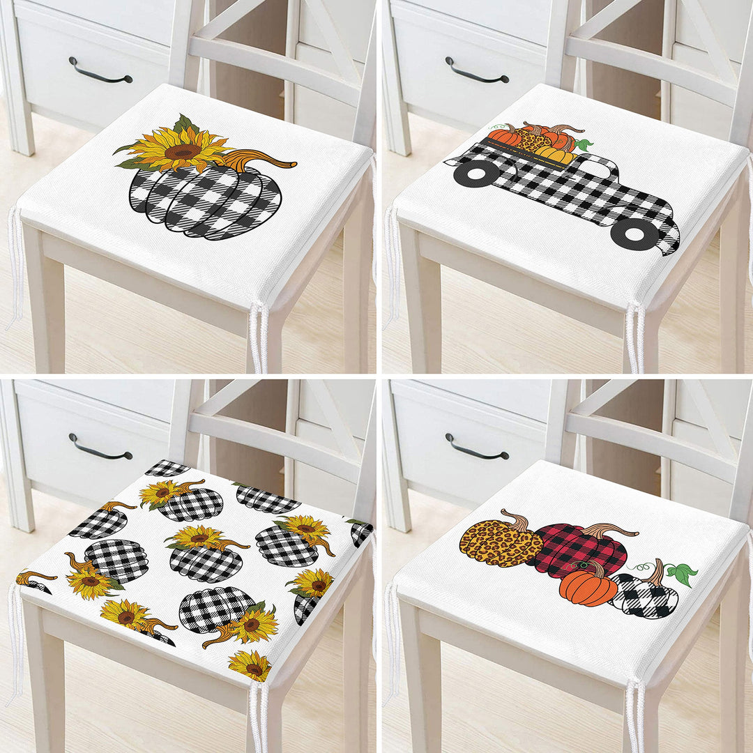 Set of 4 Fall Trend Chair Cushion|Checkered Pumpkin Truck Seat Pad with Zip Ties|Farmhouse Chair Pad Set|Housewarming Outdoor Seat Cushion