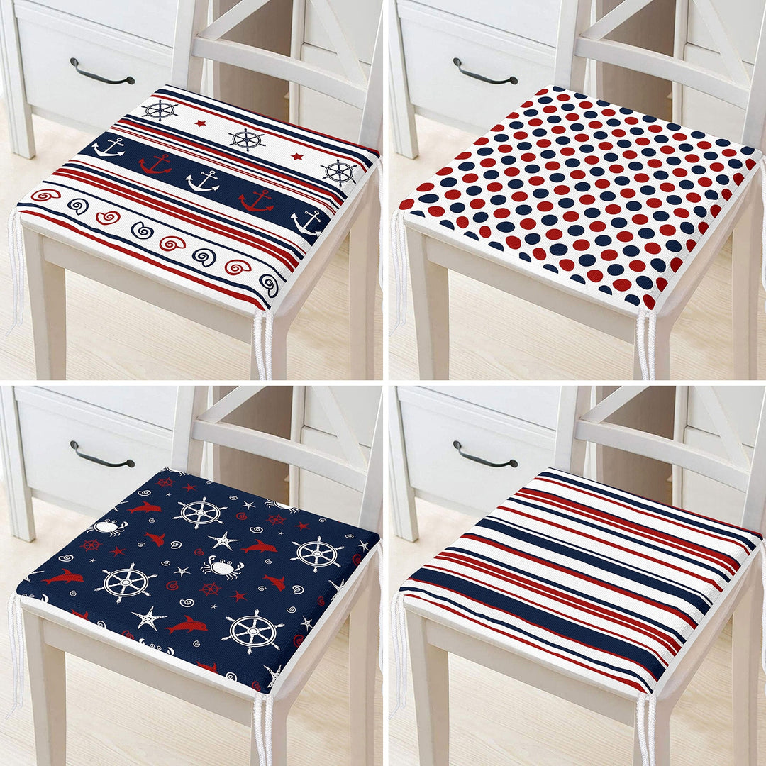 Set of 4 Nautical Chair Cushion|Anchor Wheel Seat Pad with Zip and Ties|Dolphin Beach House Chair Pad|Crab Coastal Outdoor Seat Cushion Set