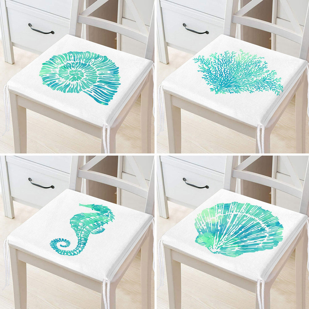 Set of 4 Beach House Chair Cushion|Seahorse Coral Seat Pad with Zip, Ties|Turquoise Seashell Oyster Chair Pad|Coastal Outdoor Seat Cushion